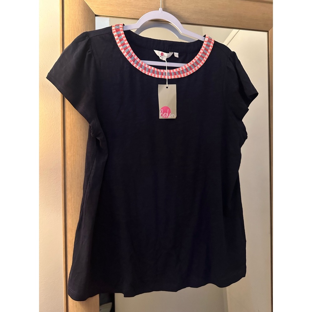 Boden Navy Top with Pink & White Gingham Trim